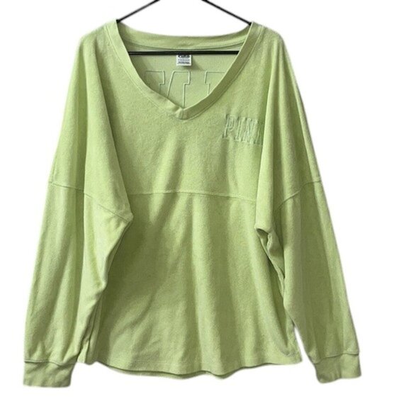 PINK Victoria's Secret Yellow Oversized VNeck Terry Cloth Pullover Sweatshirt - Picture 1 of 9